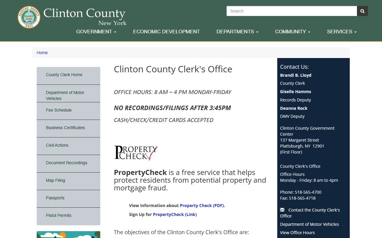 Clinton County Clerk page showing court filing and records office information
