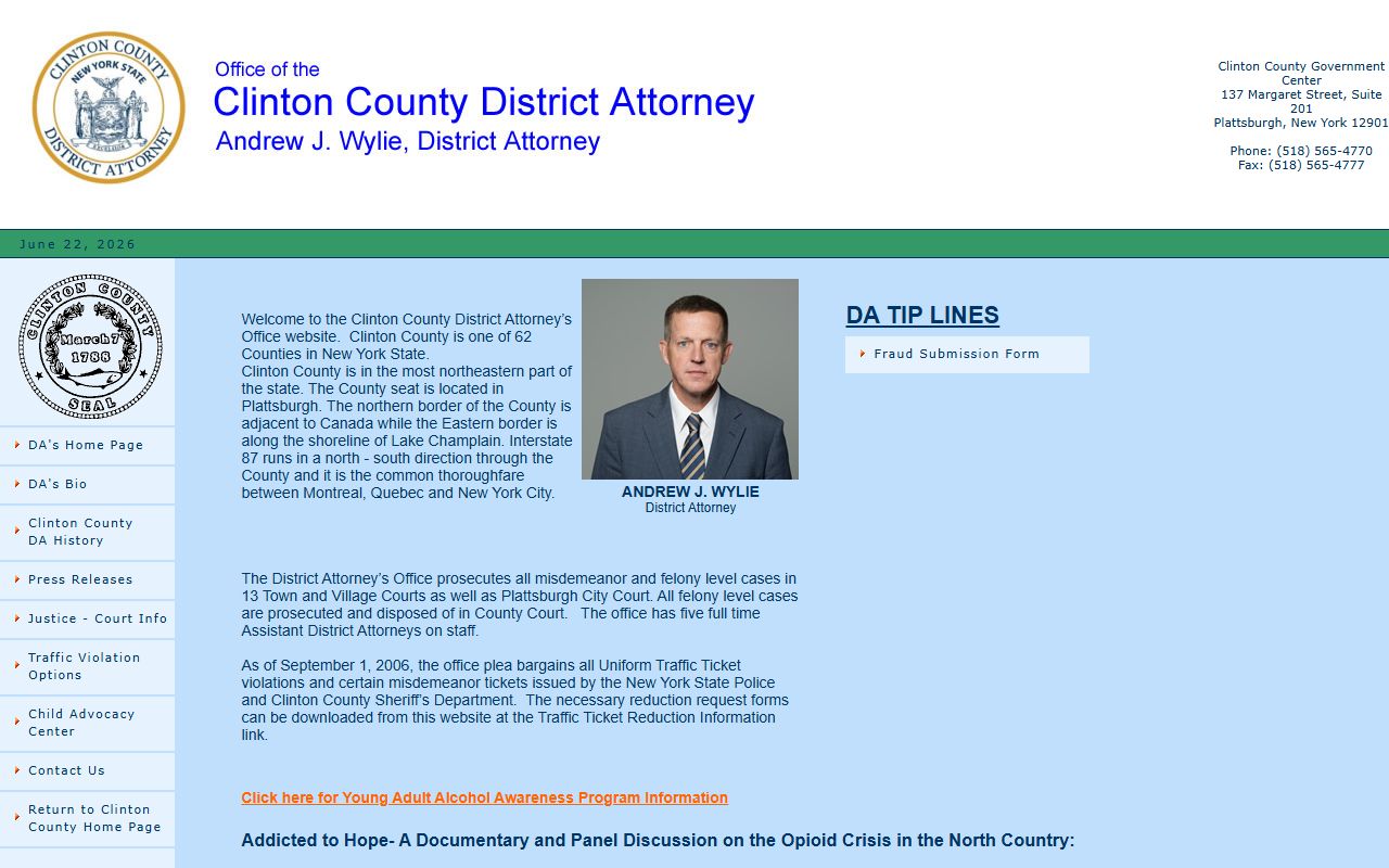 Clinton County District Attorney page with office and prosecutor information
