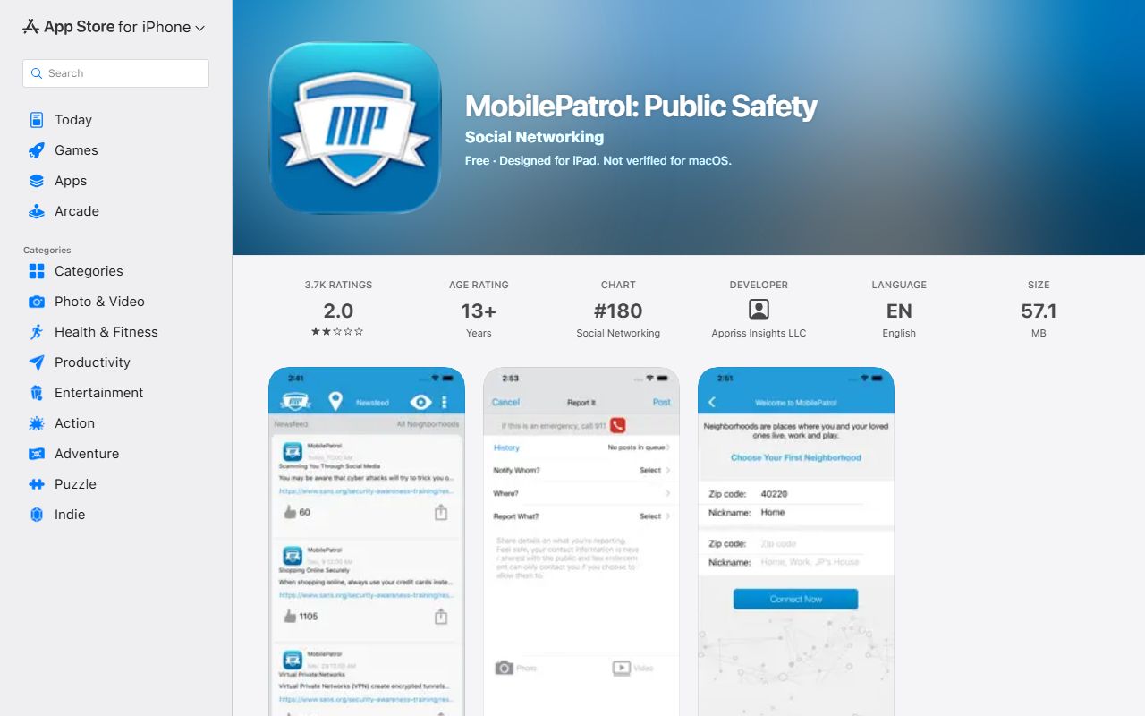 MobilePatrol Public Safety app listing for jail bookings and public safety features