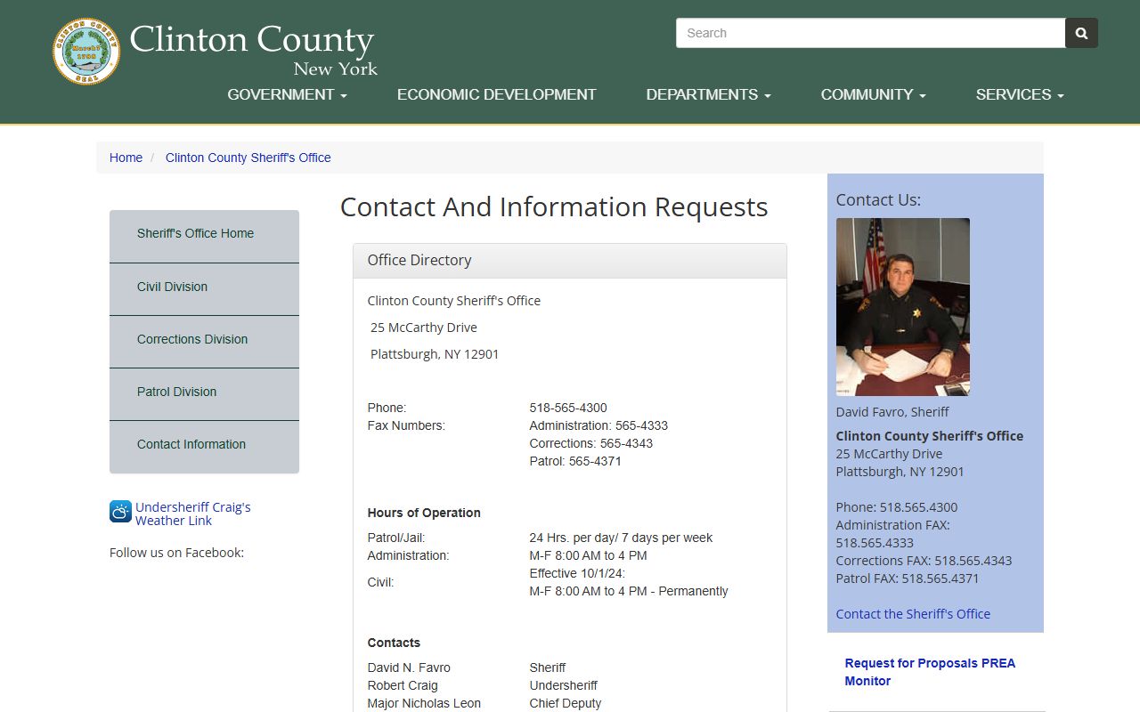 Clinton County sheriff FOIL contact page for booking photo requests