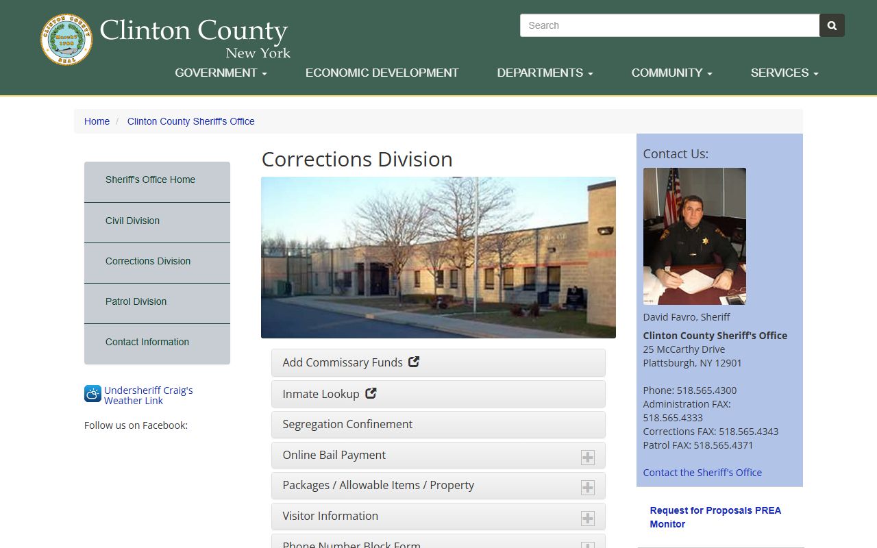 Clinton County Jail corrections division custody search and visitation page